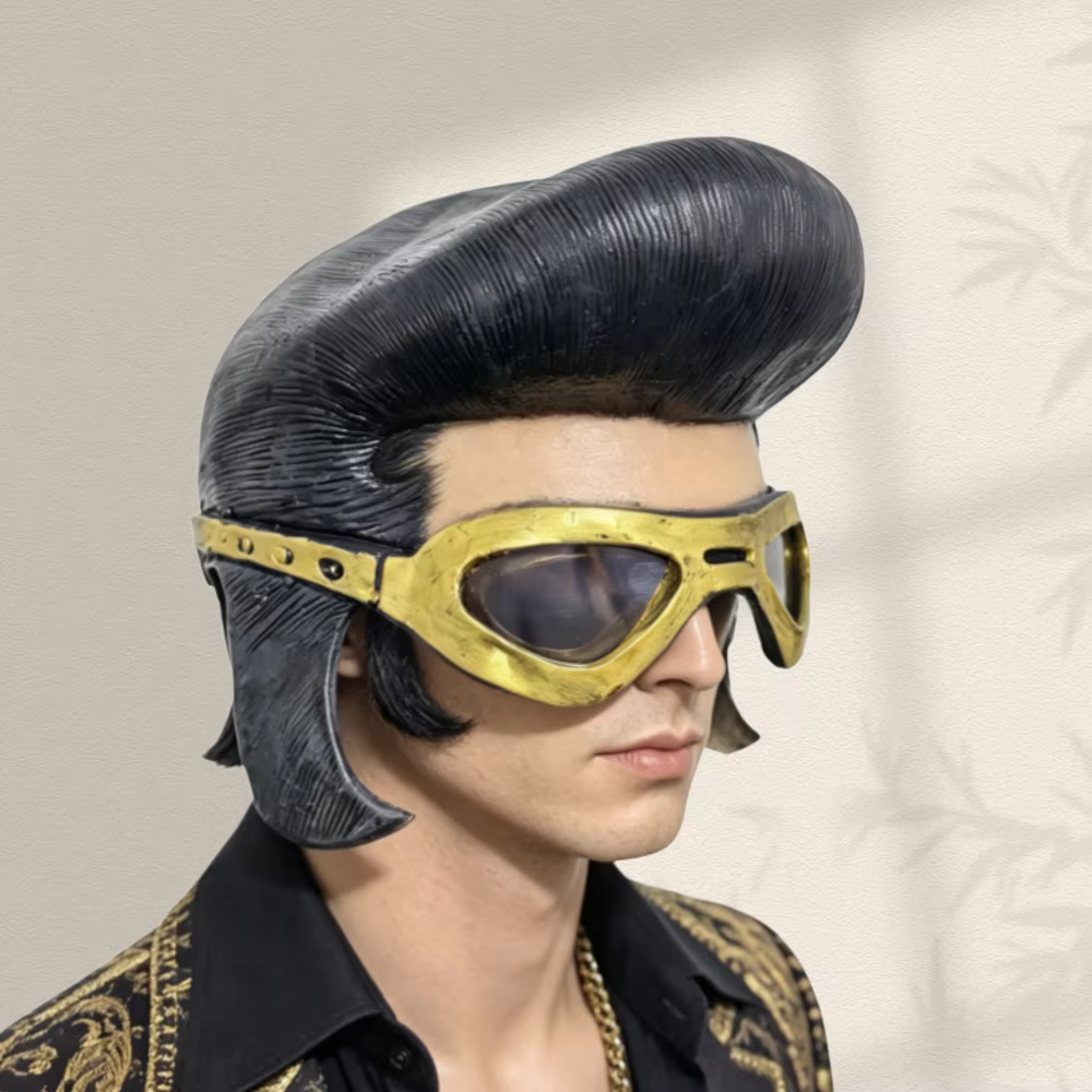 Masque de style rock vintage avec lunettes dorées et coiffure pompadour noire pour costume de fête p