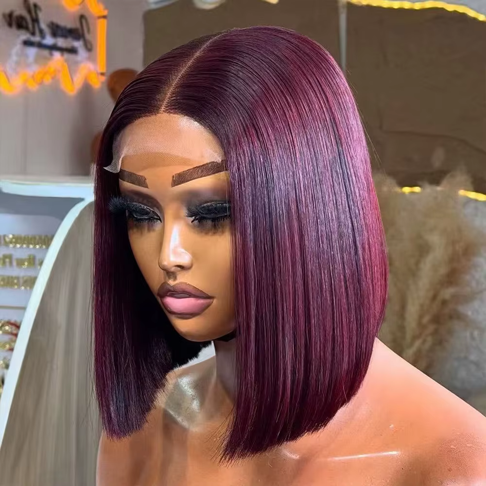 Perruque Bob Droite Cheveux Humains Perruque frontale en dentelle 13x4 HD 99J Perruque de cheveux hu