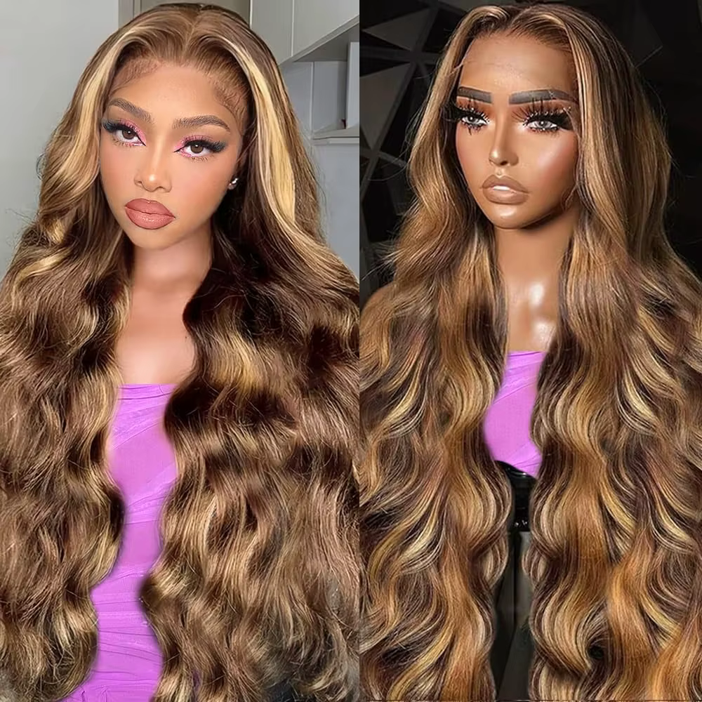 Perruque en cheveux humains avec dentelle frontale 13x6, blonde ombrée brune, vague corporelle, dens