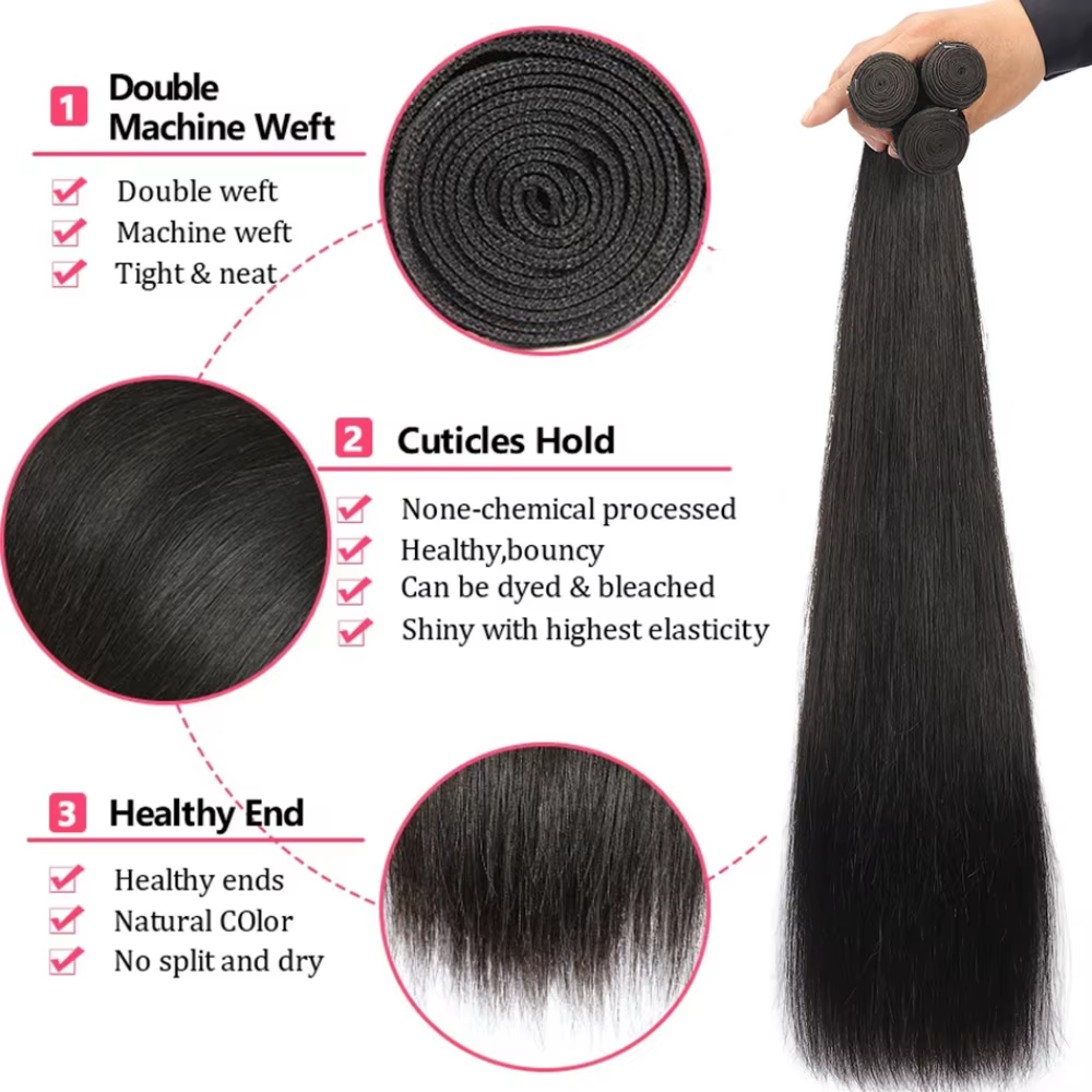 Cheveux Humains Lisses 3 Paquets avec Fermeture Frontale en Dentelle HD Transparente 13x4 4x4, Paque