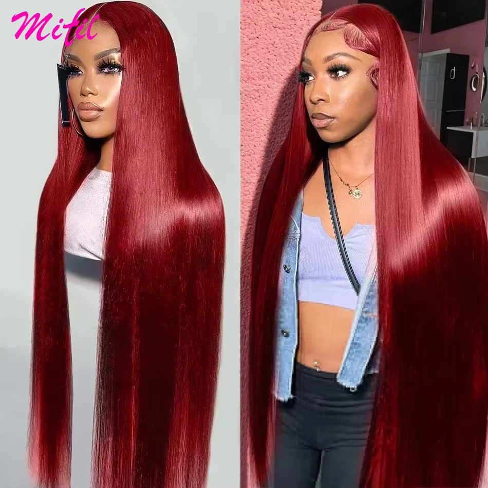 Perruque Lace Frontale HD 13x6 de 36 pouces en Cheveux Humains, Couleur Bordeaux 99J, Lisse