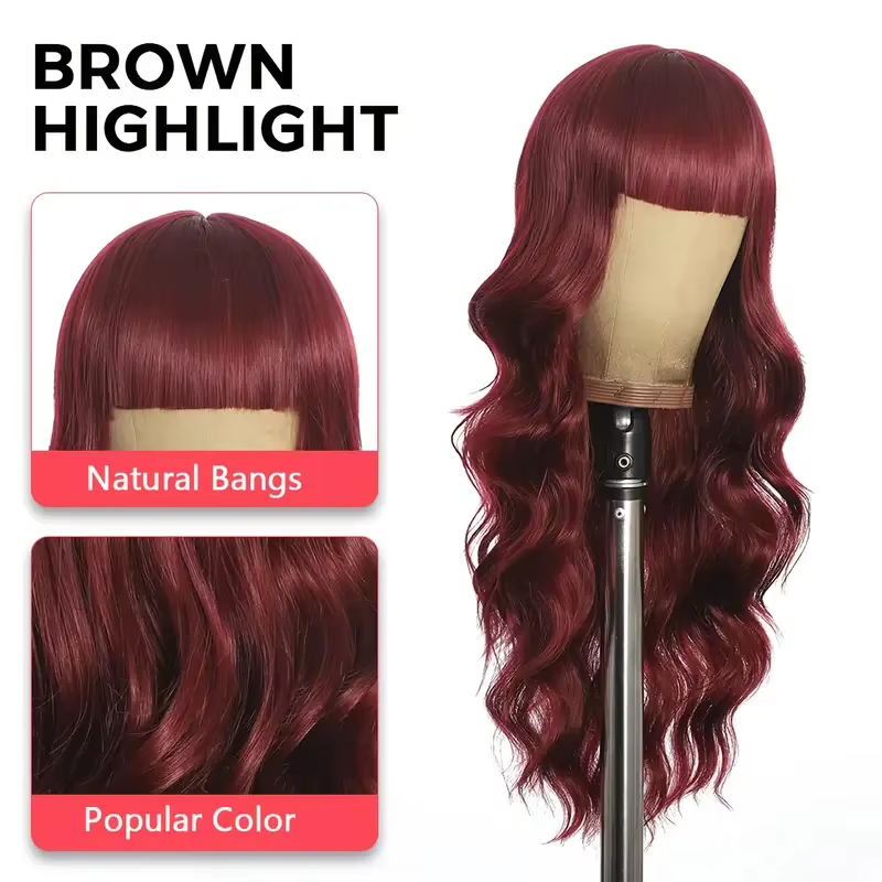 Perruque synthétique couleur vin rouge avec cheveux longs bouclés et frange pour un usage quotidien