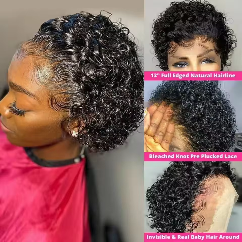Perruques coupe lutin cheveux humains courts bouclés avant de lacet perruques de cheveux humains bré