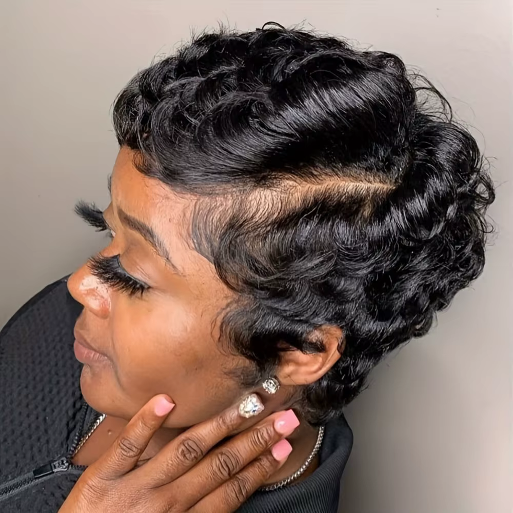 Perruques courtes coupe lutin cheveux humains pour femmes-6 pouces perruques courtes ondulées bouclé