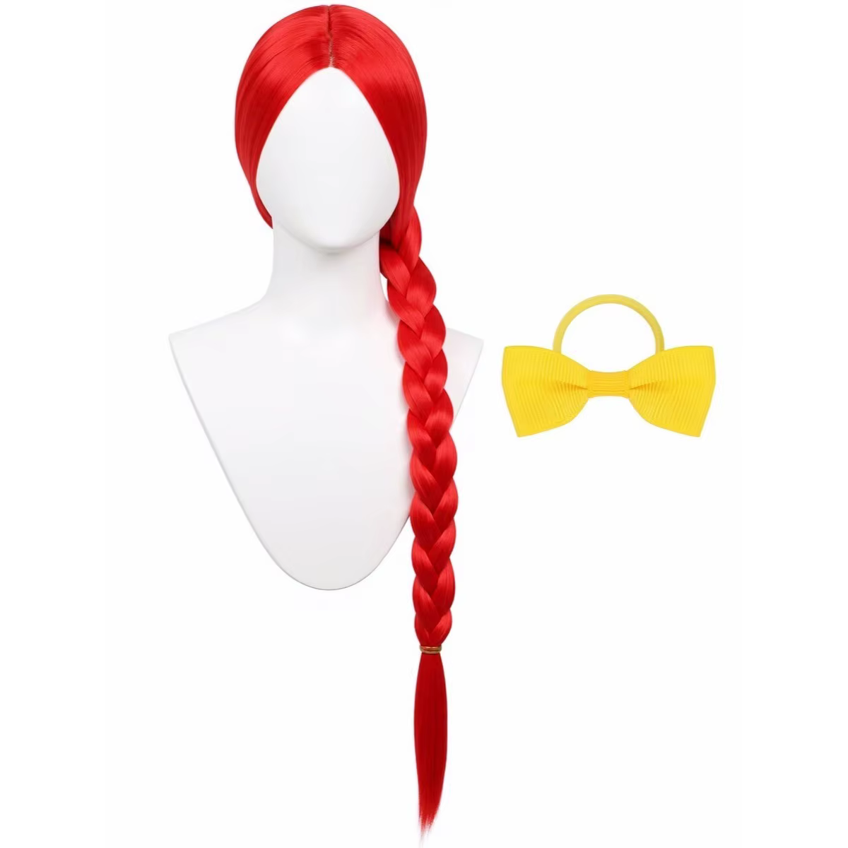Perruque longue tressée rouge style Marilyn pour fête et cosplay. Elle est livrée avec un nœud jaune