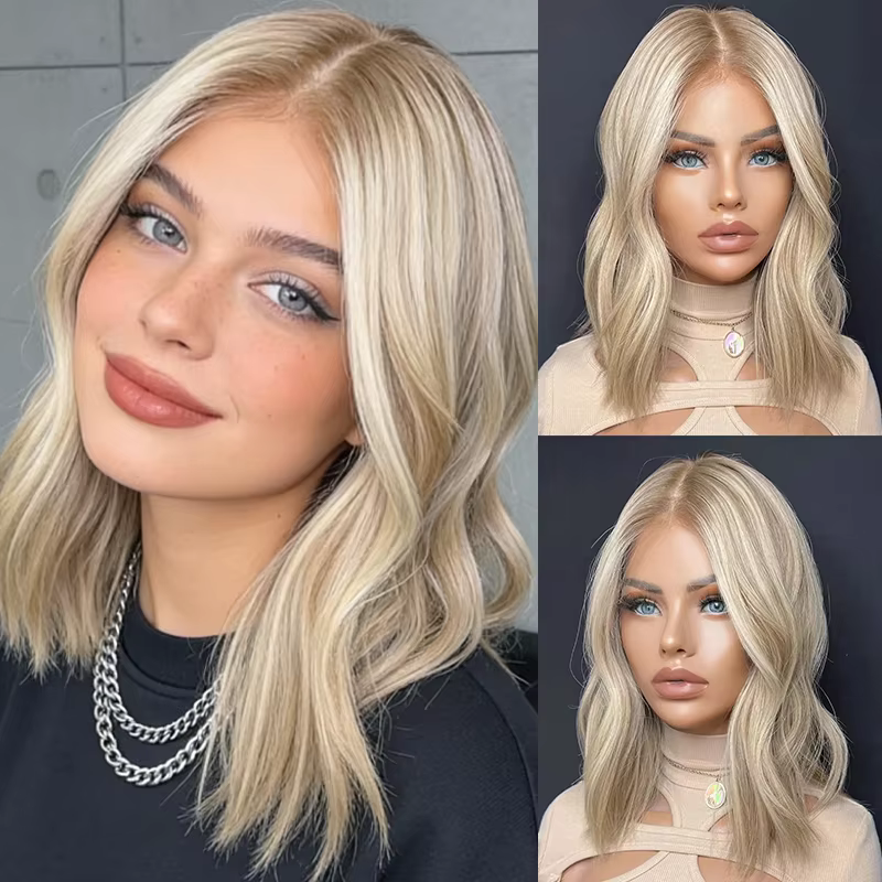 Perruque Lace Front 13x4 14 pouces Blond Doré Ombré pour Femme, Cheveux Synthétiques Résistants à la