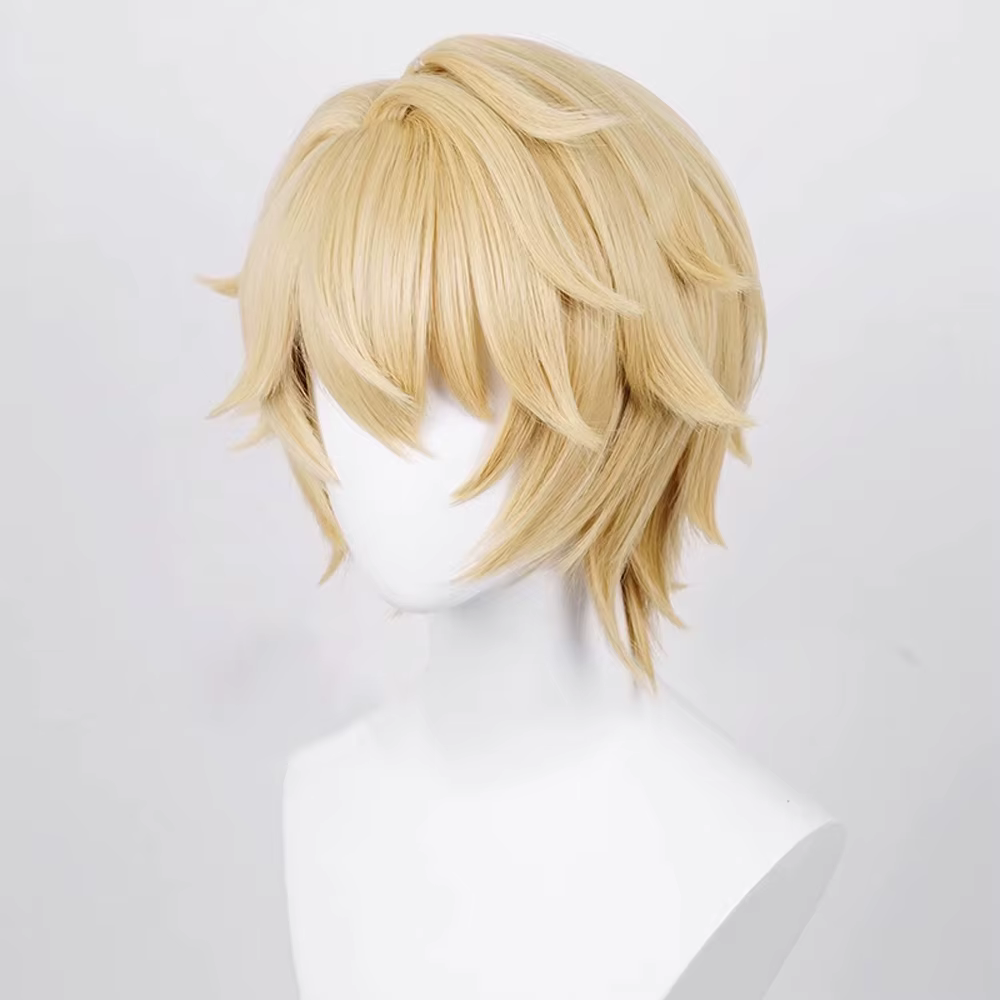 Perruque Synthétique Blonde Courte Droite avec Frange pour Homme, Anime Game Cosplay Fluffy, Perruqu
