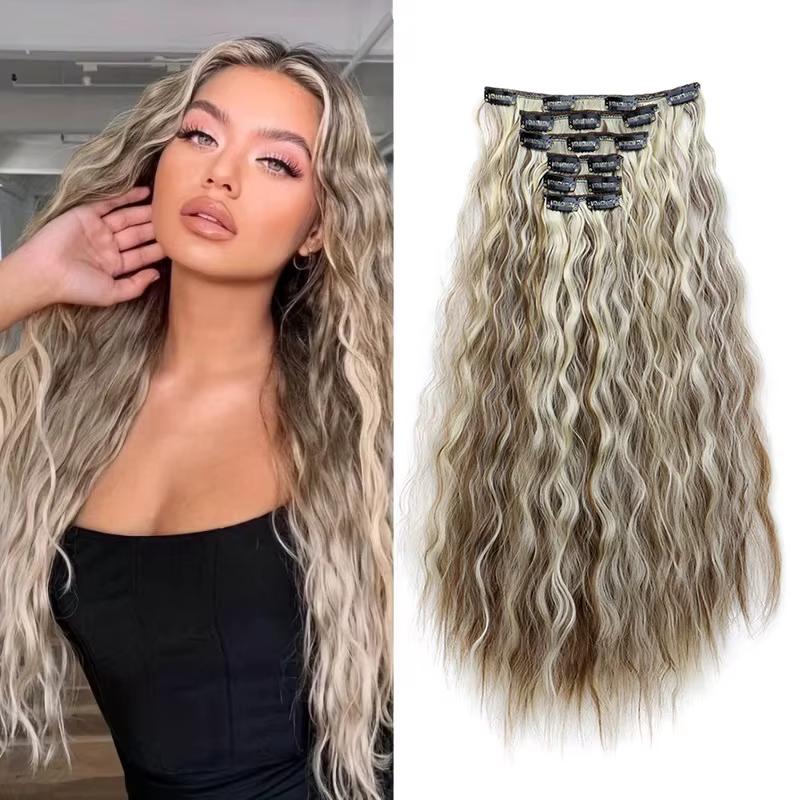 Extensions de cheveux synthétiques ondulés de 24 pouces, 6 pièces/ensemble, à clipser, pour femmes,