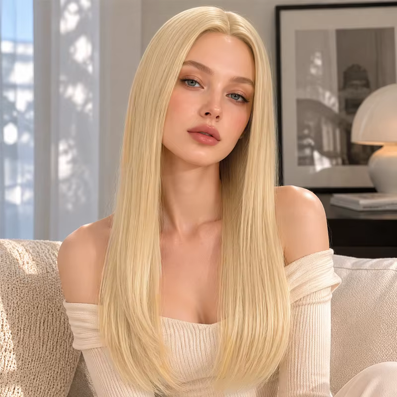 Perruque synthétique blonde droite de 28 pouces de long, lisse avec une raie au milieu, parfaite pou