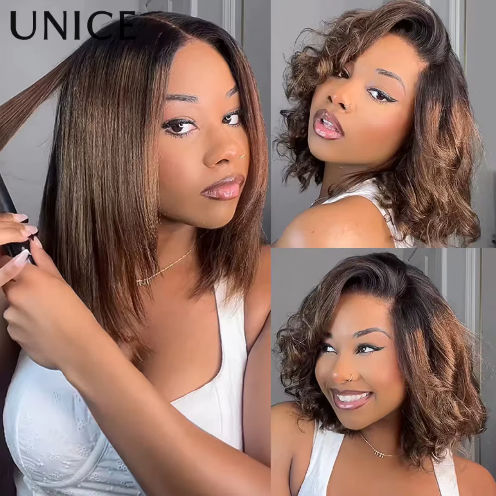 UNice châtain brun Ombre Yaki droite Bob perruque de cheveux humains 7x5 & 13x4 dentelle sans colle