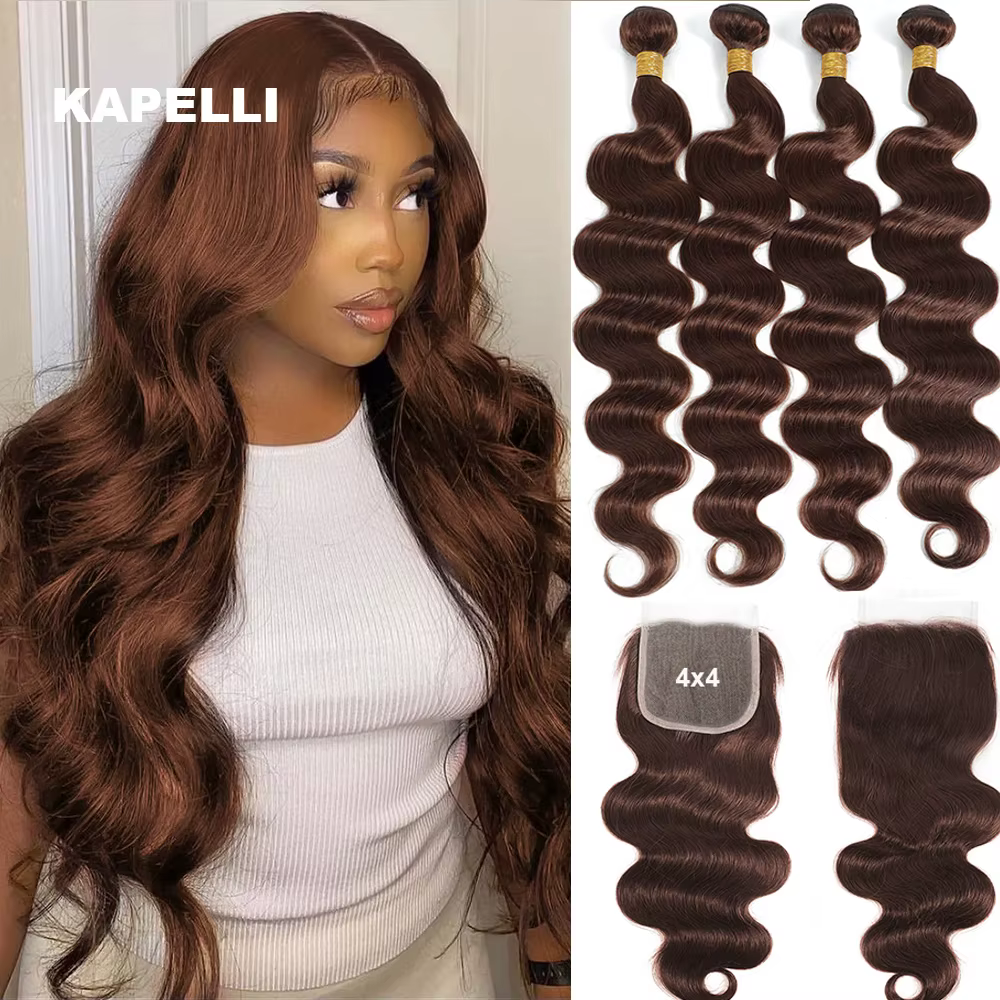 Extensions de Cheveux Humains Ondulés Bruns avec Closure 4x4/13x4, Cheveux Humains 100% Naturels, Ti