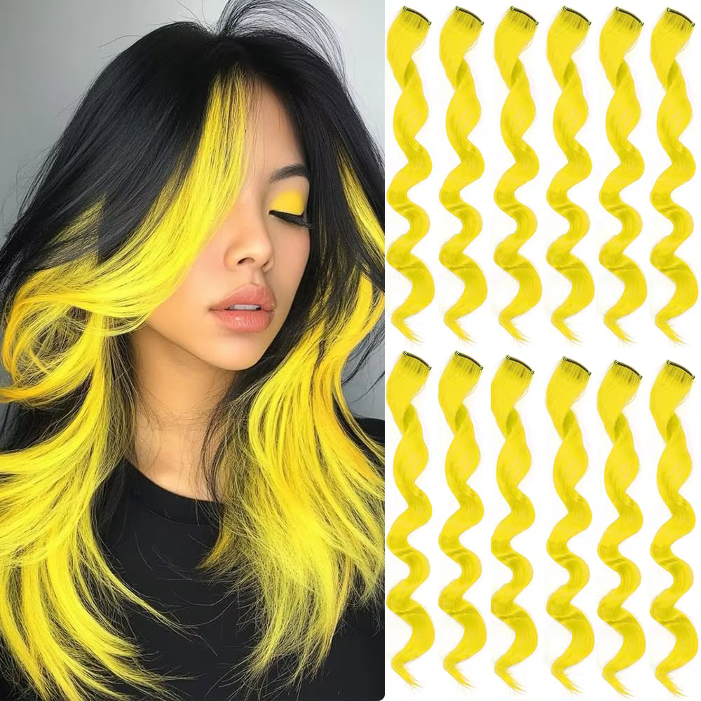 6 Pièces Extensions de Cheveux Noirs 22 Pouces Bouclées Ondulées Colorées à Clipser pour Enfants Fil