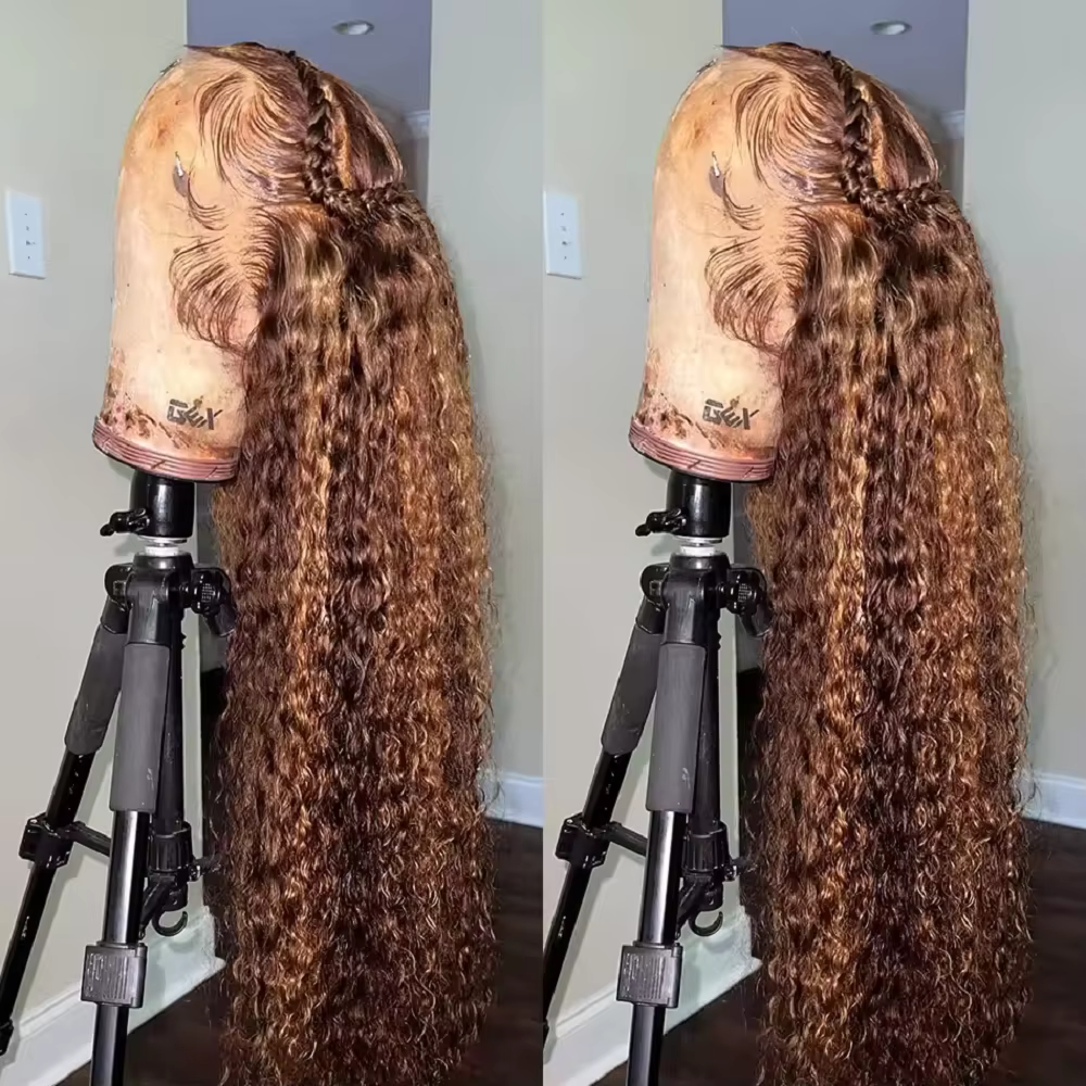 Perruque Lace Frontale en Cheveux Humains Ondulés Ombrés 250 Densité 30 Pouces, Effet Deep Wave, Den