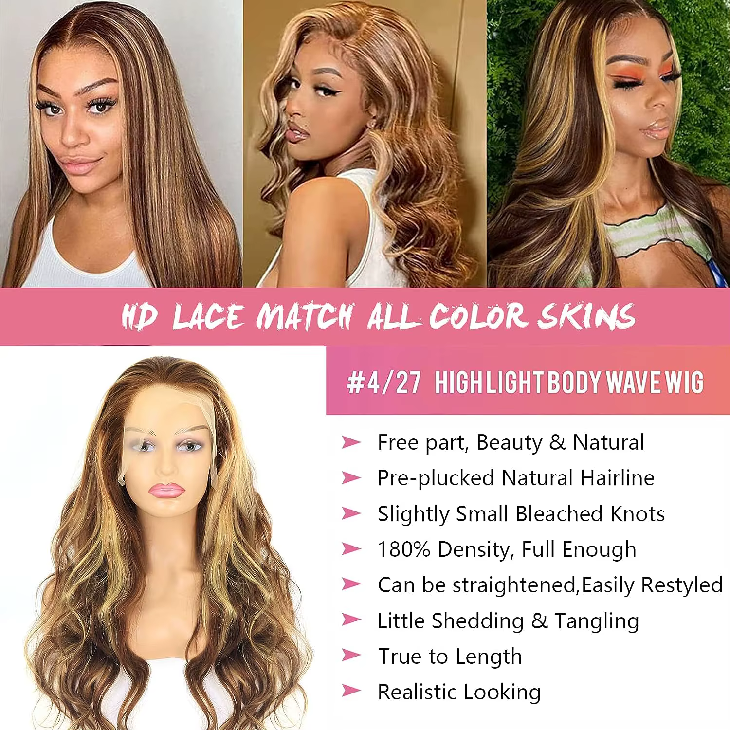 Perruque Lace Front Wig Body Wave Naturelle Remy Sans Colle, Cheveux Humains, Balayage Blond Brun Om