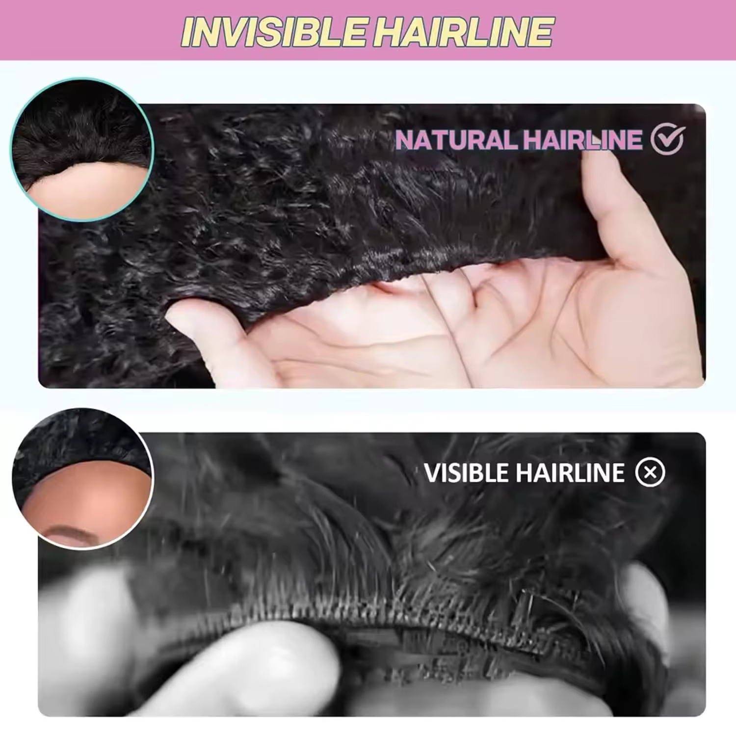 Perruque mi-tête bouclée birmane en cheveux humains 3-en-1 sans couture, à porter directement sans c