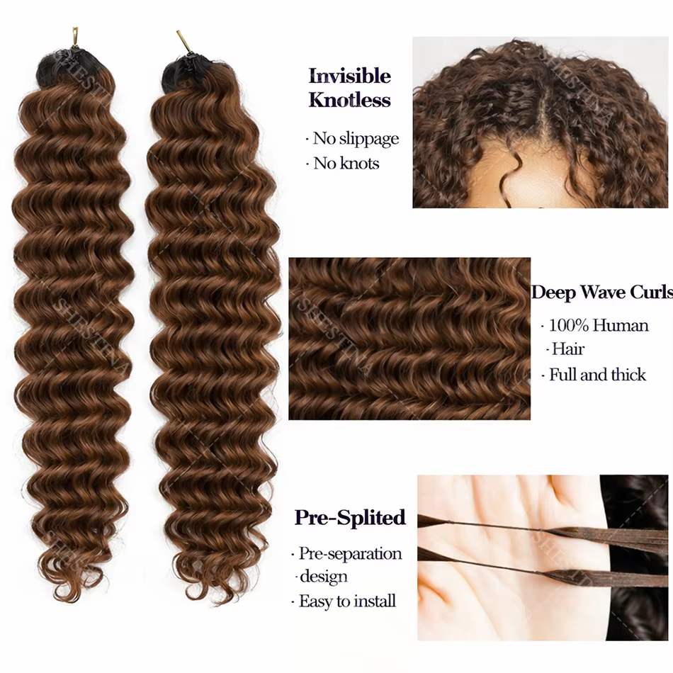 Brun foncé vague profonde Crochet cheveux humains Invisible sans noeud pré-bouclé bouclés plume Croc