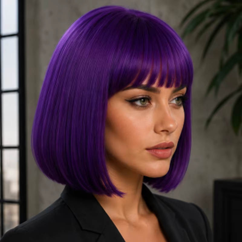 Perruque synthétique violette foncée de 12 pouces avec frange, idéale pour un usage quotidien, les b