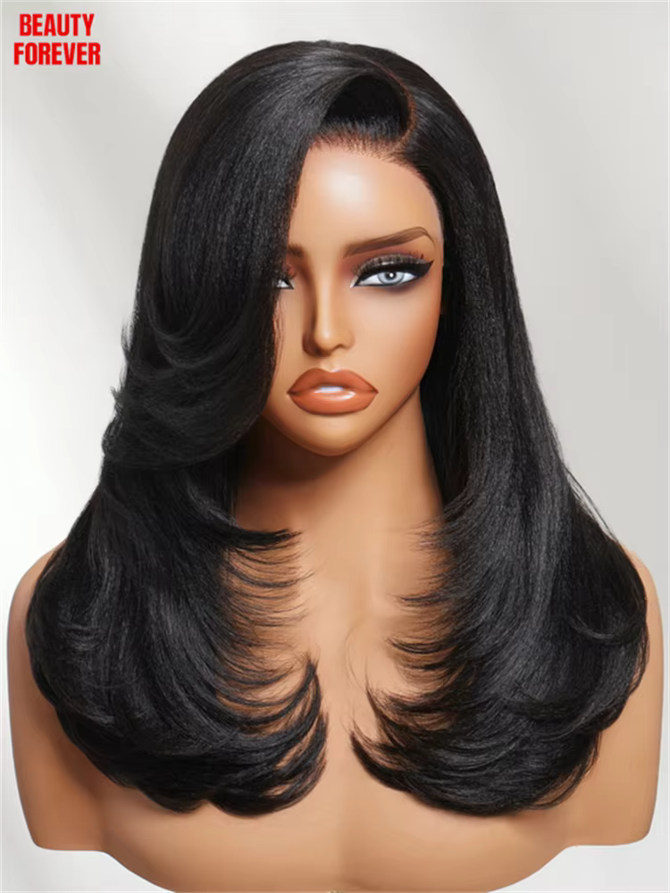 Perruque Beautyforever à franges latérales, lisse Yaki, sans colle, 100% cheveux humains, perruque e