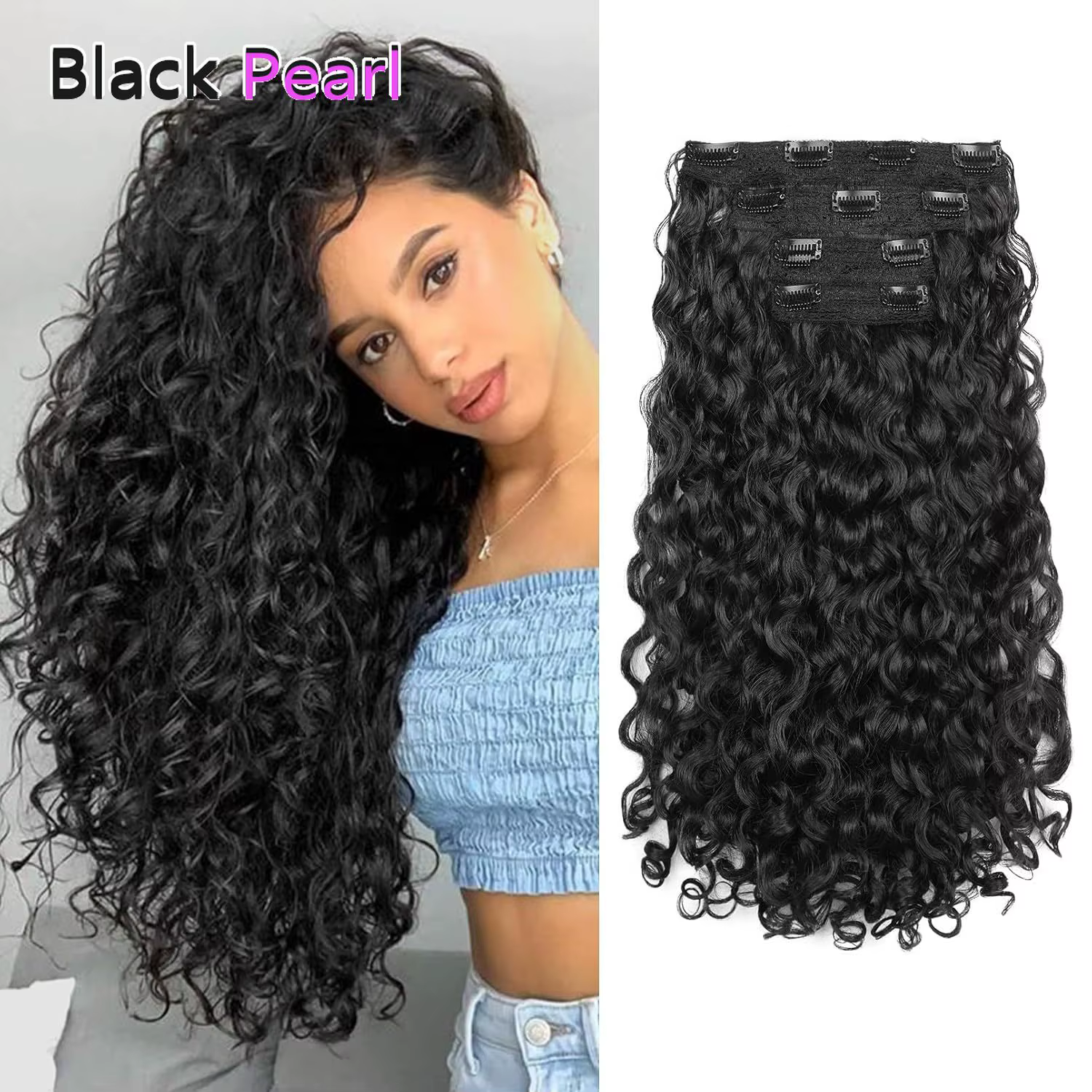 Extensions de cheveux à clipser Black Pearl Water Wave, 7 pièces, cheveux humains brésiliens pré-cou