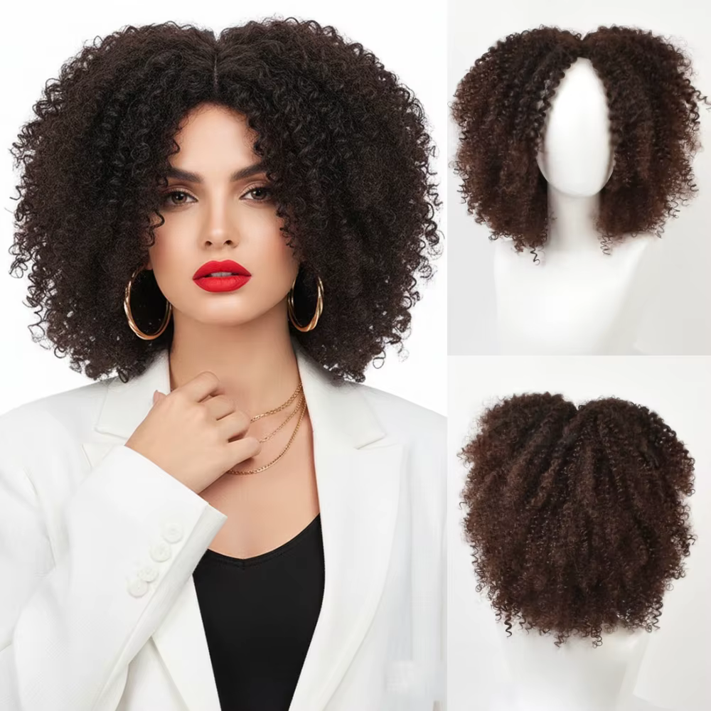 Perruque Afro Bouclée Frisée Marron avec Raie au Milieu, Courte et Douce, Synthétique, pour Femme, A