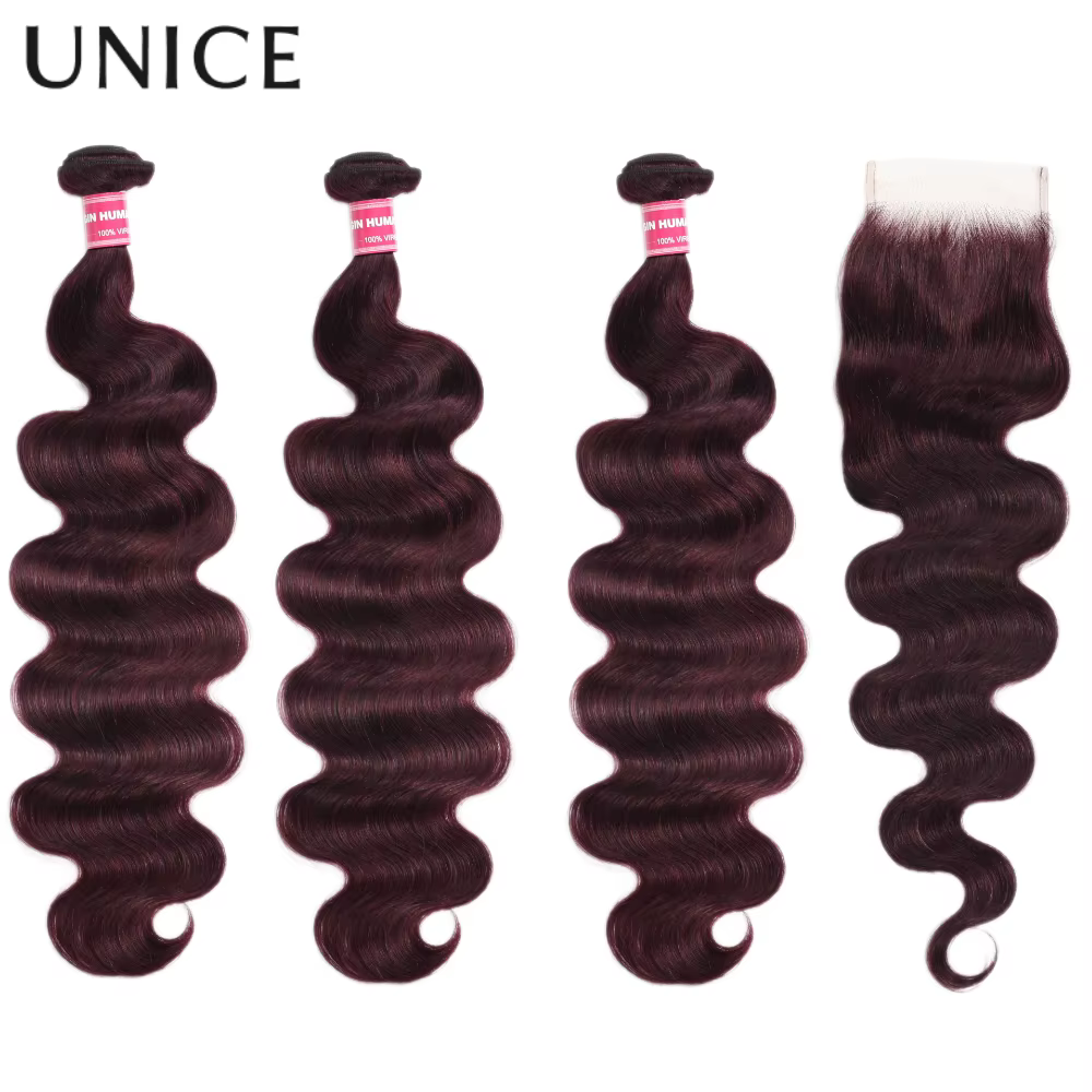 UNice noir cerise corps vague paquets 2/3/4 pièces avec 1 PC 4x4 pouces dentelle fermeture pré color