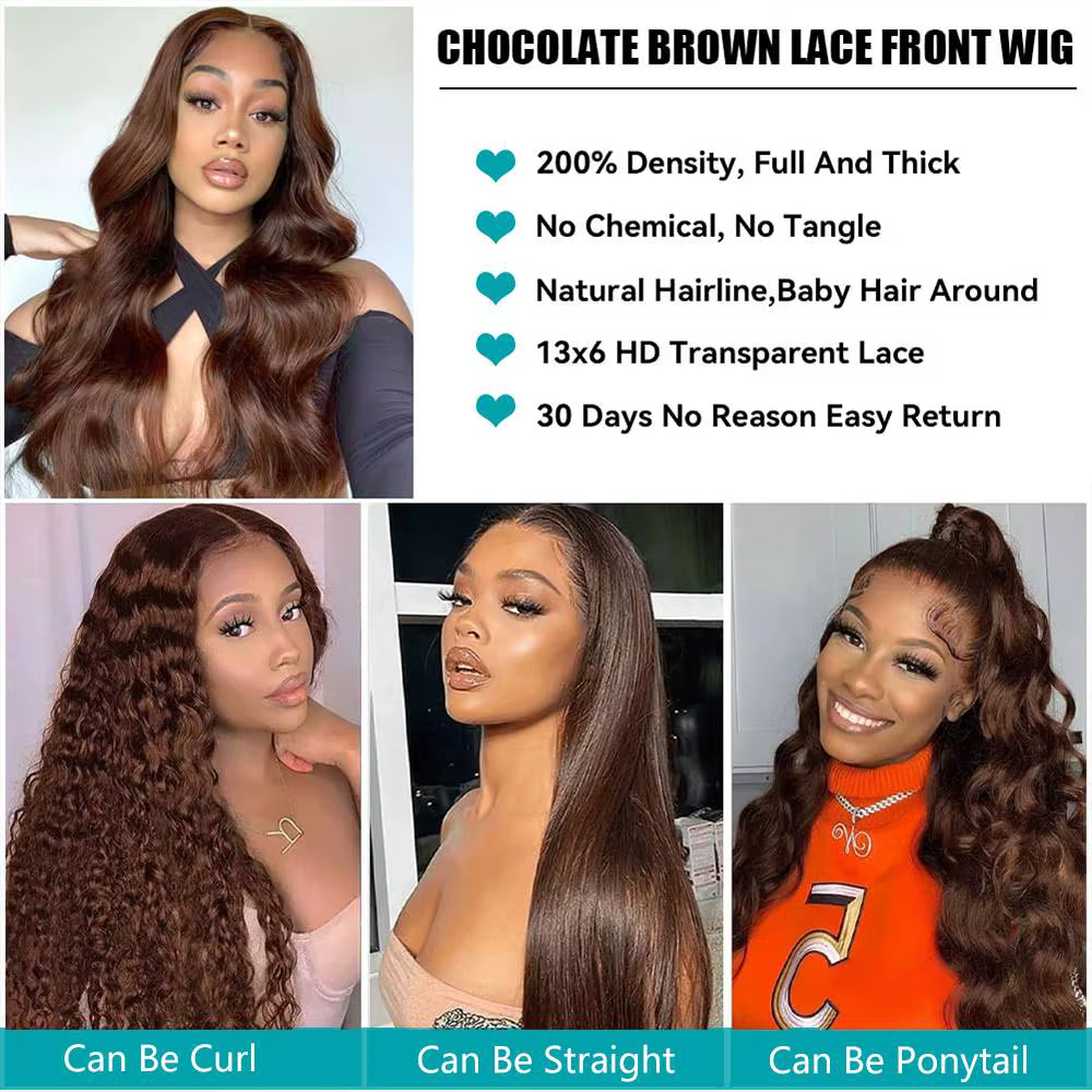 Perruque Lace Frontal Wig péruvienne Body Wave brun chocolat, cheveux naturels, 13x4, 13x6, HD, nais