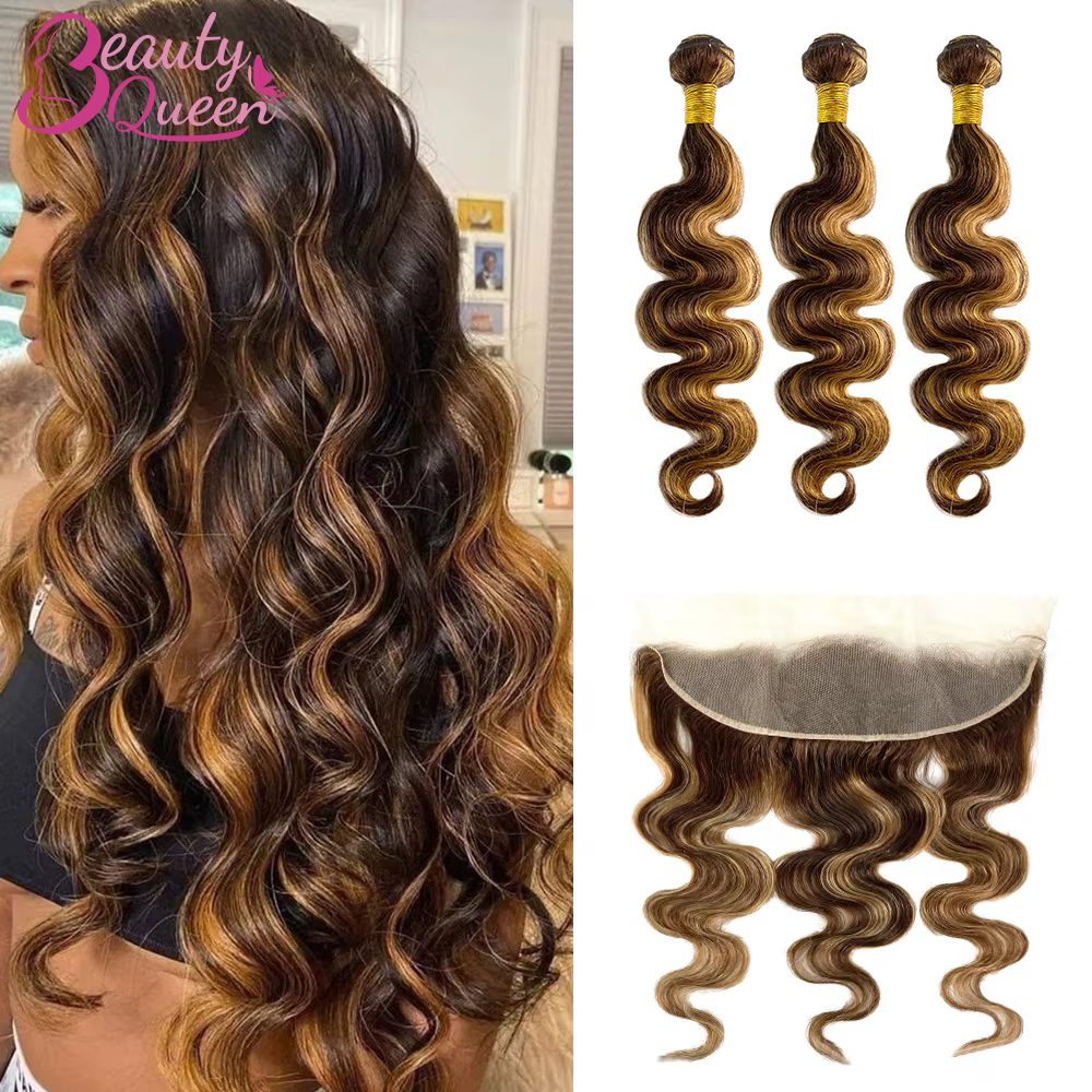 P4/27 Bundles de cheveux humains Body Wave avec closure, extensions de cheveux brésiliens avec front