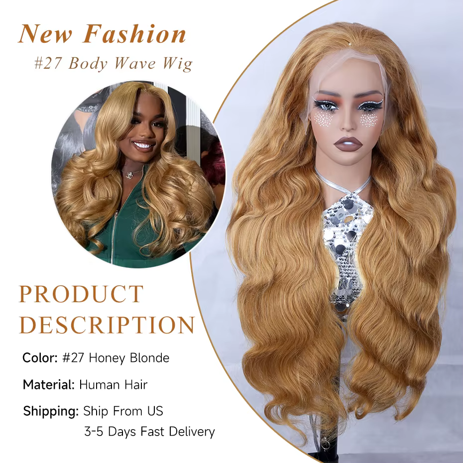 Perruque frontale en dentelle blonde miel 13x6 Body Wave brésilienne # 27 perruques de cheveux humai
