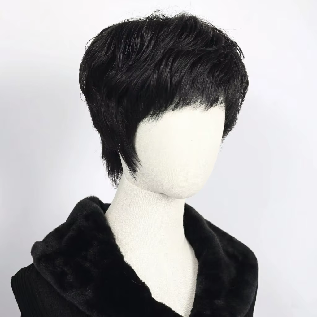 Perruque courte noire coupe pixie 6*6 avec base en soie et devant en PU, 100% cheveux humains pour f