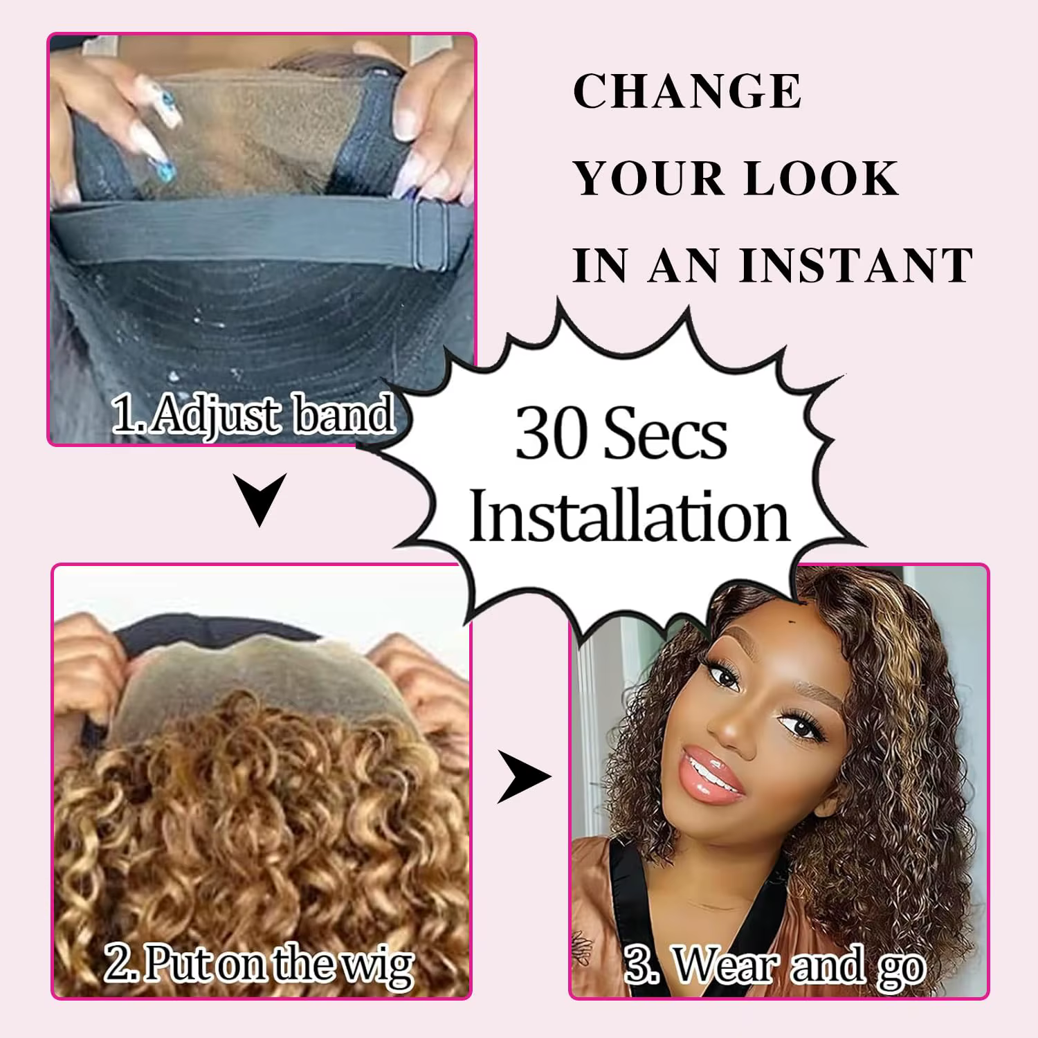 4/27 mettre en évidence la couleur bouclés Bob perruque cheveux humains vague profonde 200% densité
