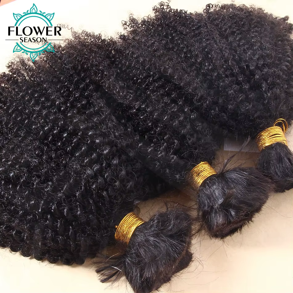 Afro Kinky Curly Human Hair Bulk, Tressage, Pas de trame, Tressage, Tissage, 3Bundles, Mongol, Kinky