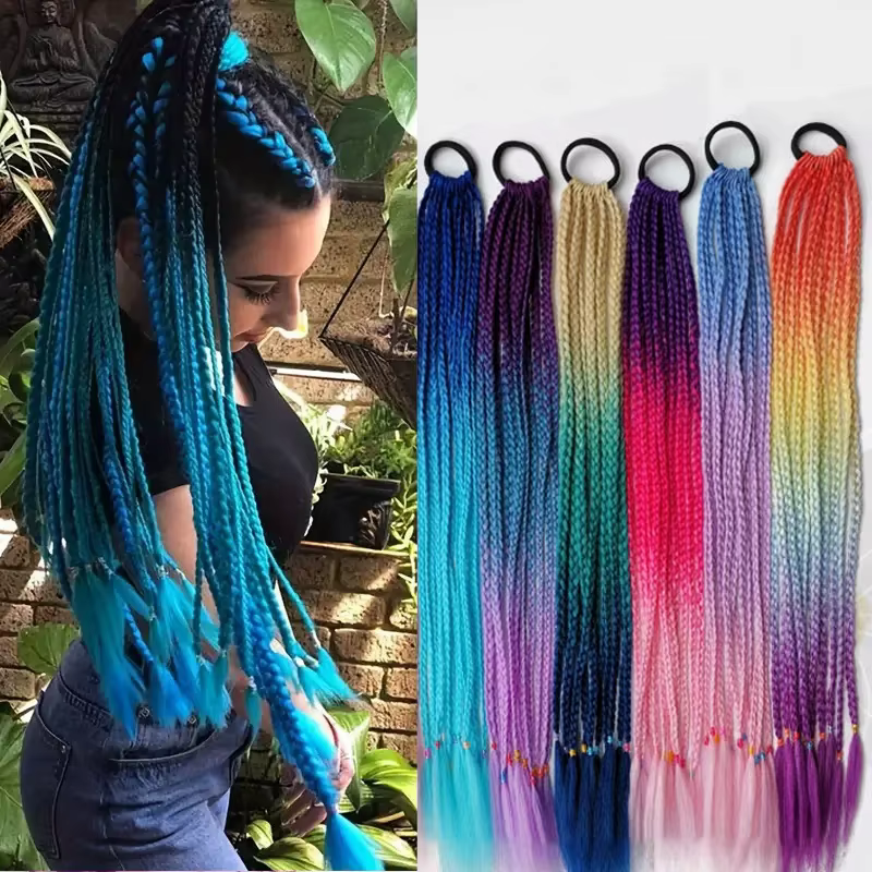 24Inch Synthetic Gradient  Colored Braided Ponytail Hair Extension Elastic Rubber Band Braiding Pony