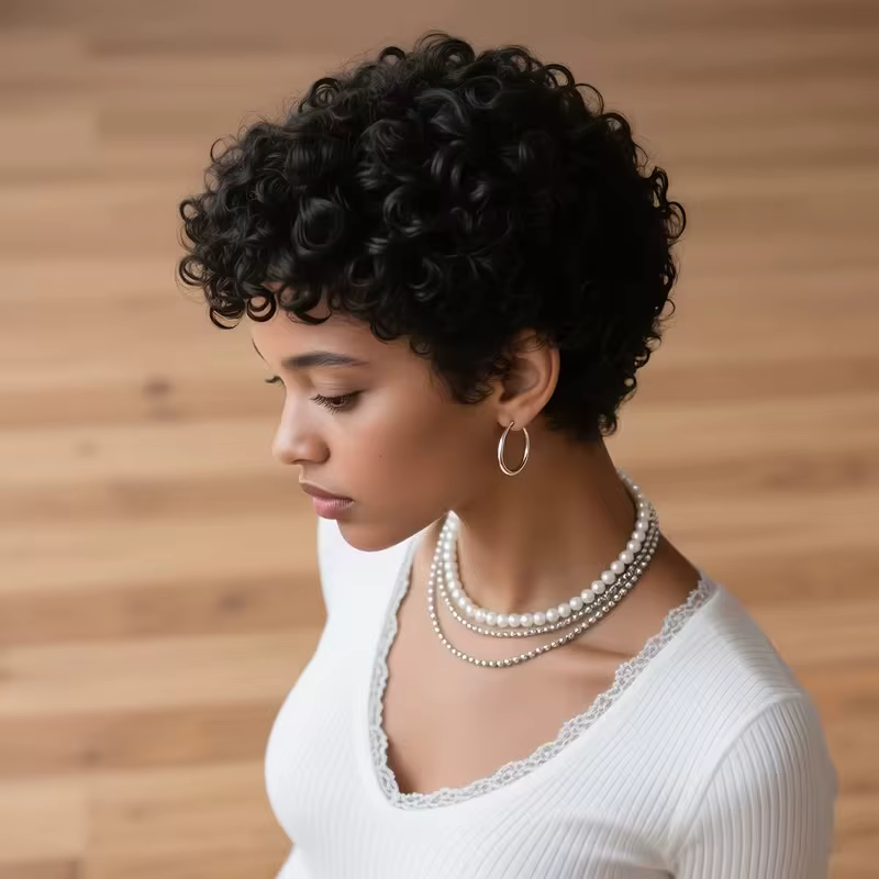 Perruque courte bouclée coupe lutin pour femmes, cheveux 100% naturels, entièrement fabriqués à la M