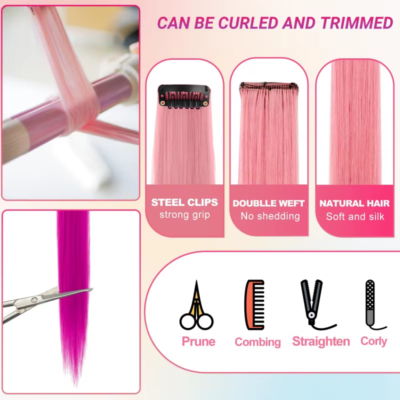 Extensions capillaires synthétiques à clips multicolores, postiches arc-en-ciel de 22 pouces pour fi