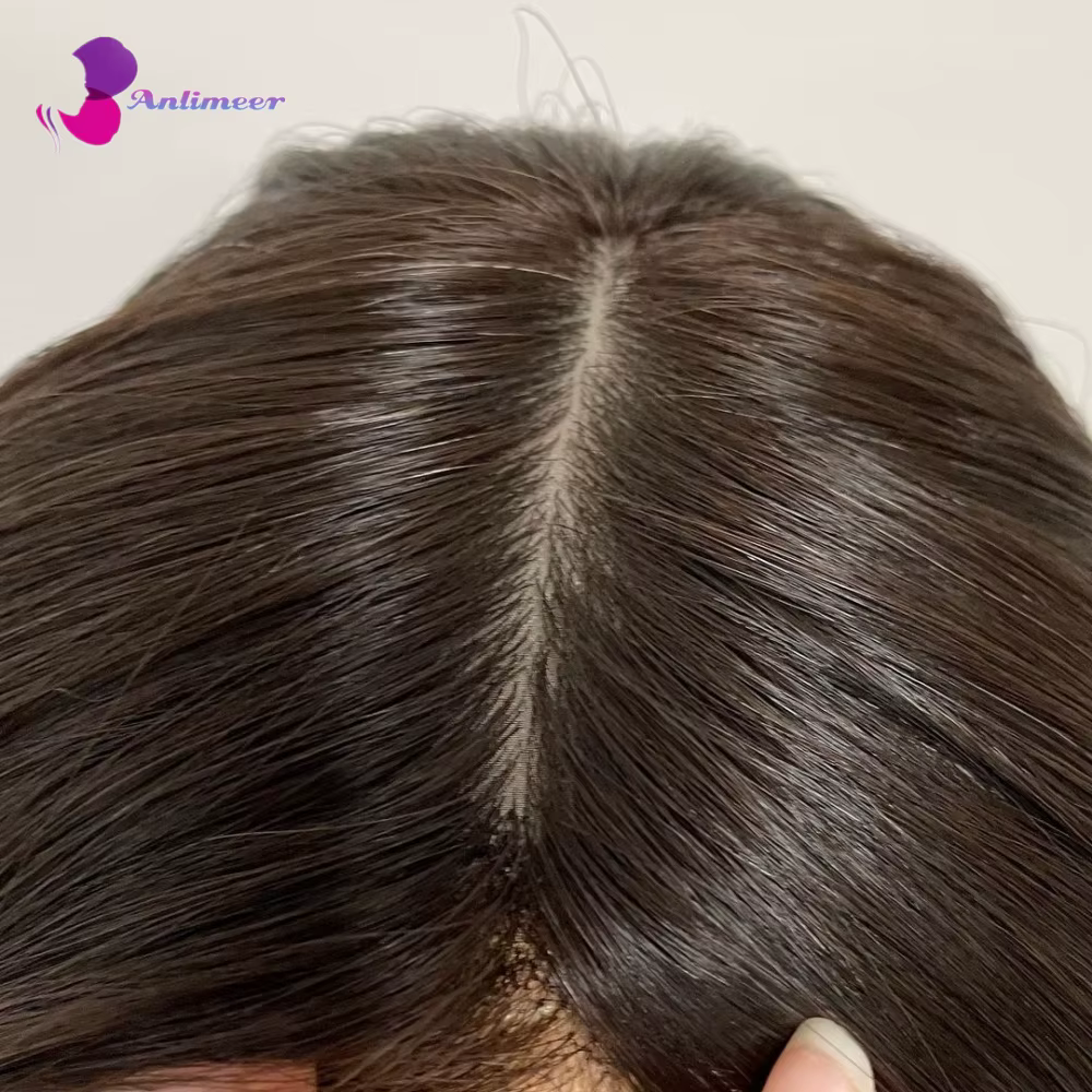 Perruque en cheveux naturels avec base en soie et dentelle frontale, mèches marron cendré clair, mod
