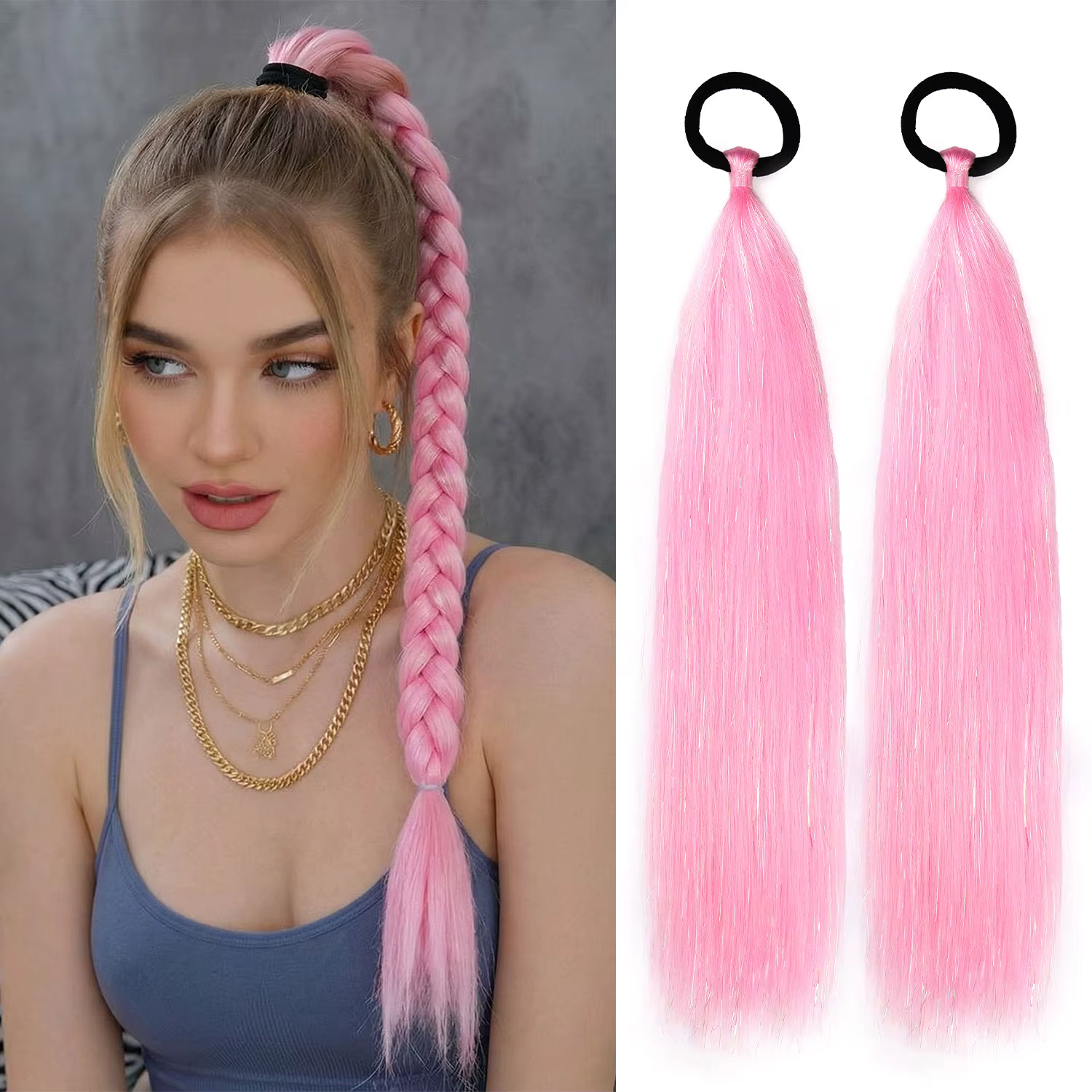 Extensions de cheveux synthétiques en tinsel, 2 pièces/ensemble, avec élastique, tresses Rave rouge/