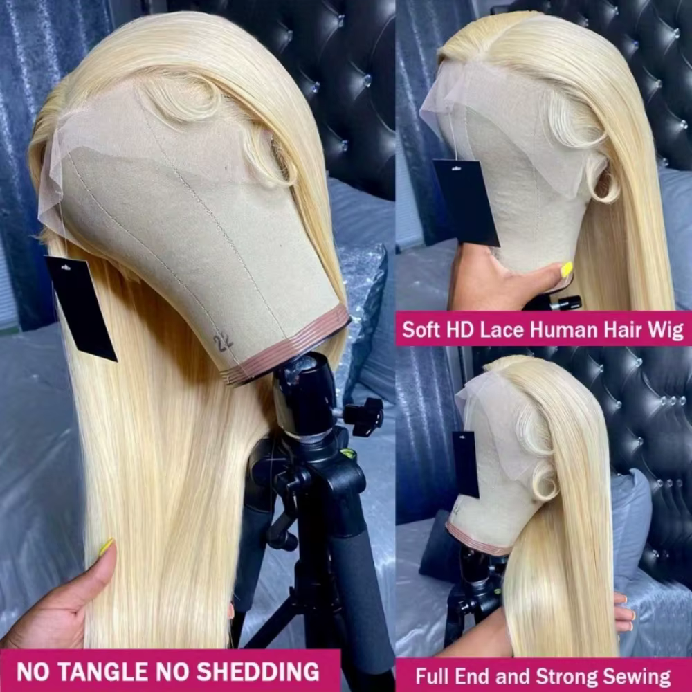 Perruque Lace Frontale HD 13x6 en Cheveux Humains Brésiliens Blond 613, Densité 200, Lisse, 30-40 Po