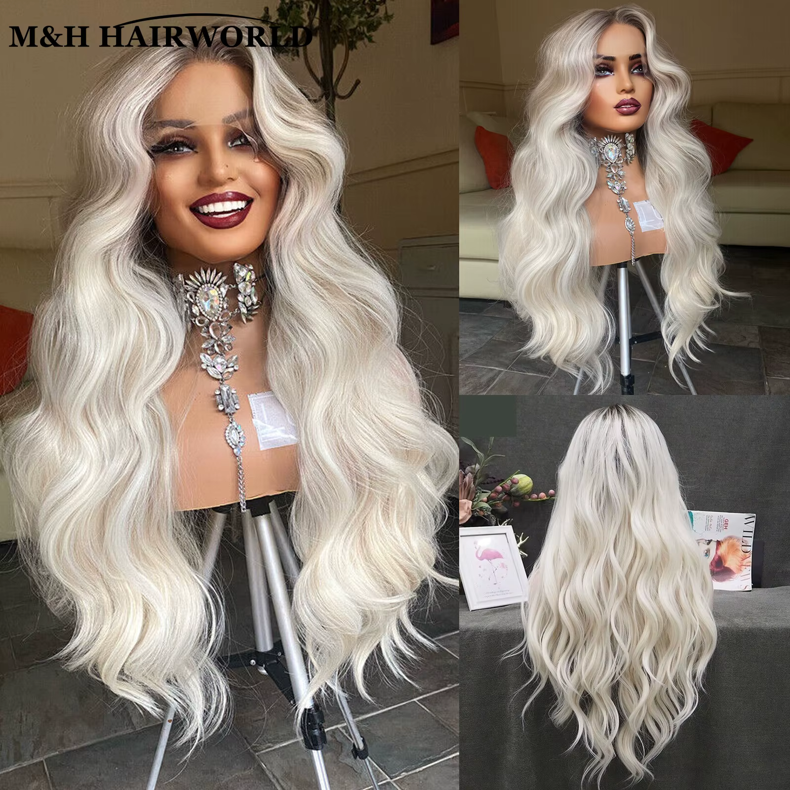 13X3 sans colle frontale dentelle perruques pour femmes longs ondulés cheveux synthétiques dentelle