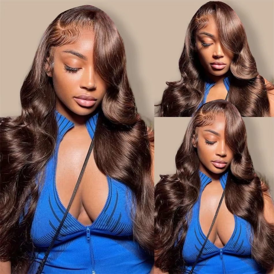 Perruques Lace Frontal Body Wave Marron Remy Pré-Pluckées Couleur Chocolat 13x6 HD Lace Front Cheveu