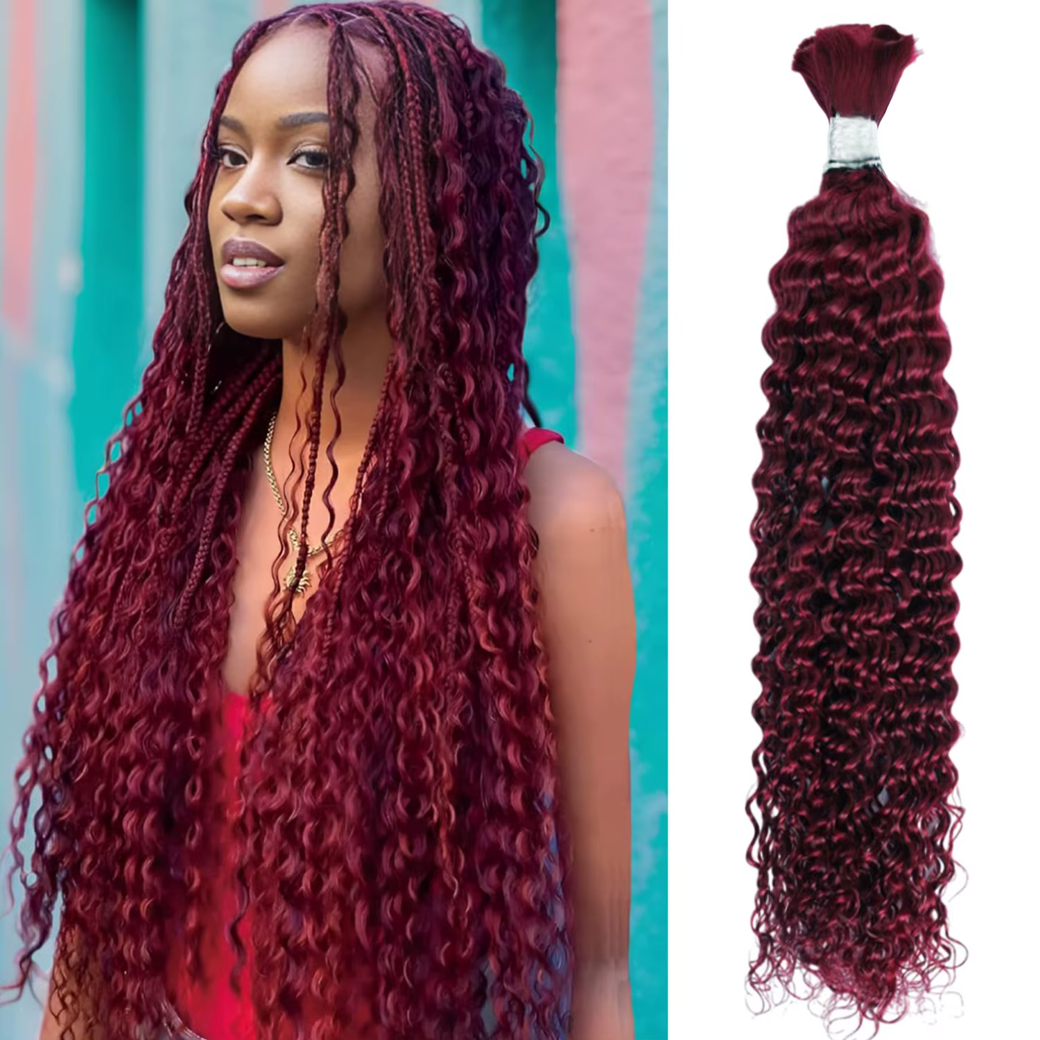 # Extensions de cheveux humains 100% naturels 99j Bourgogne pour tressage, couleur vin foncé, ondula