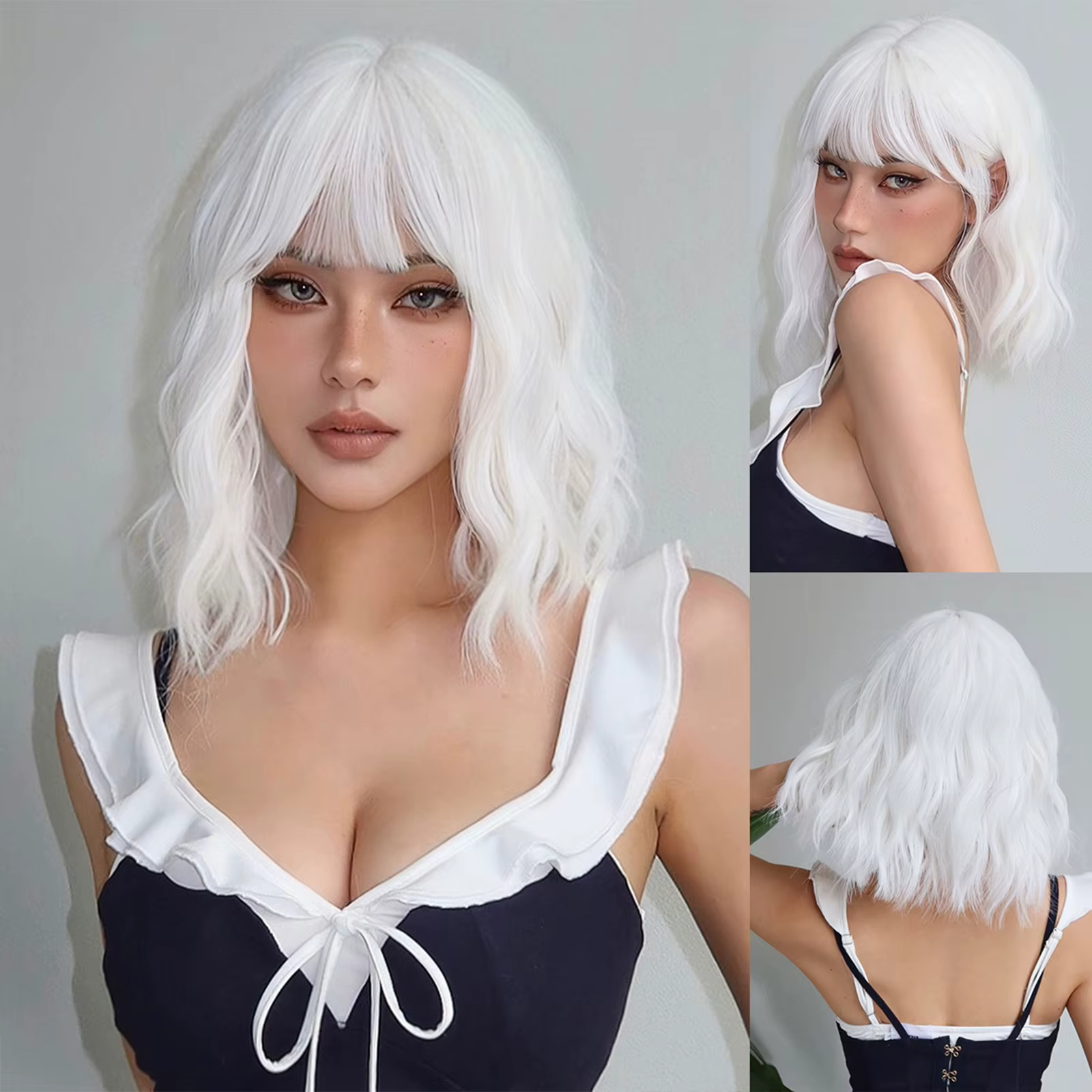 Perruque synthétique courte ondulée blanche pour femmes, perruque Bob de Cosplay d'halloween avec fr