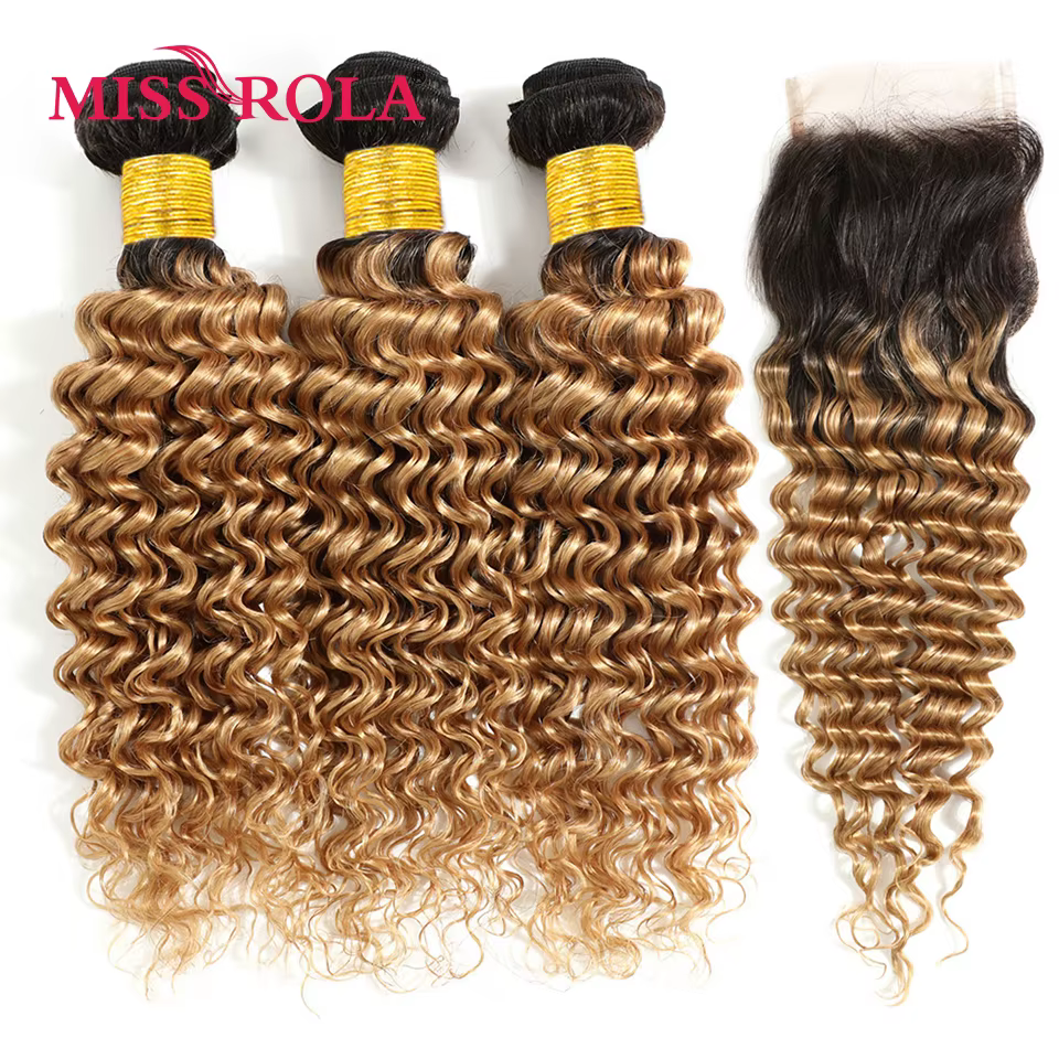 Miss Rola – tissage en lot malaisien naturel Remy, Deep Wave, avec Lace Closure 4x4, couleur blond 9