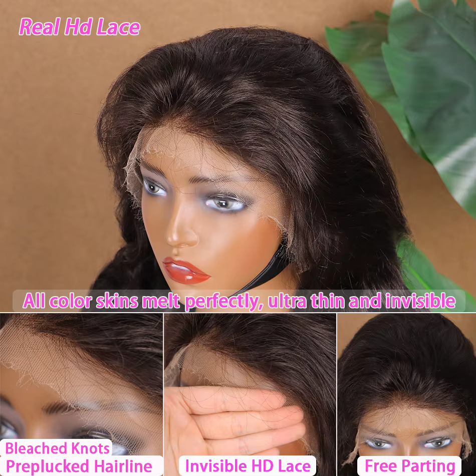 Perruques en cheveux humains Body Wave Double Drawn, avec closure frontale HD 4x4 13x4, pré-épilées,