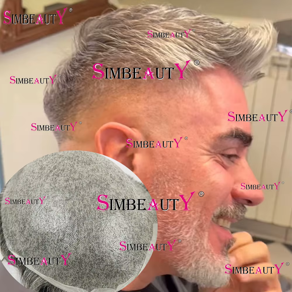 Ligne de cheveux naturelle 80% densité Super mince 0.02mm peau Invisible gris 1B65 1B80 hommes toupe