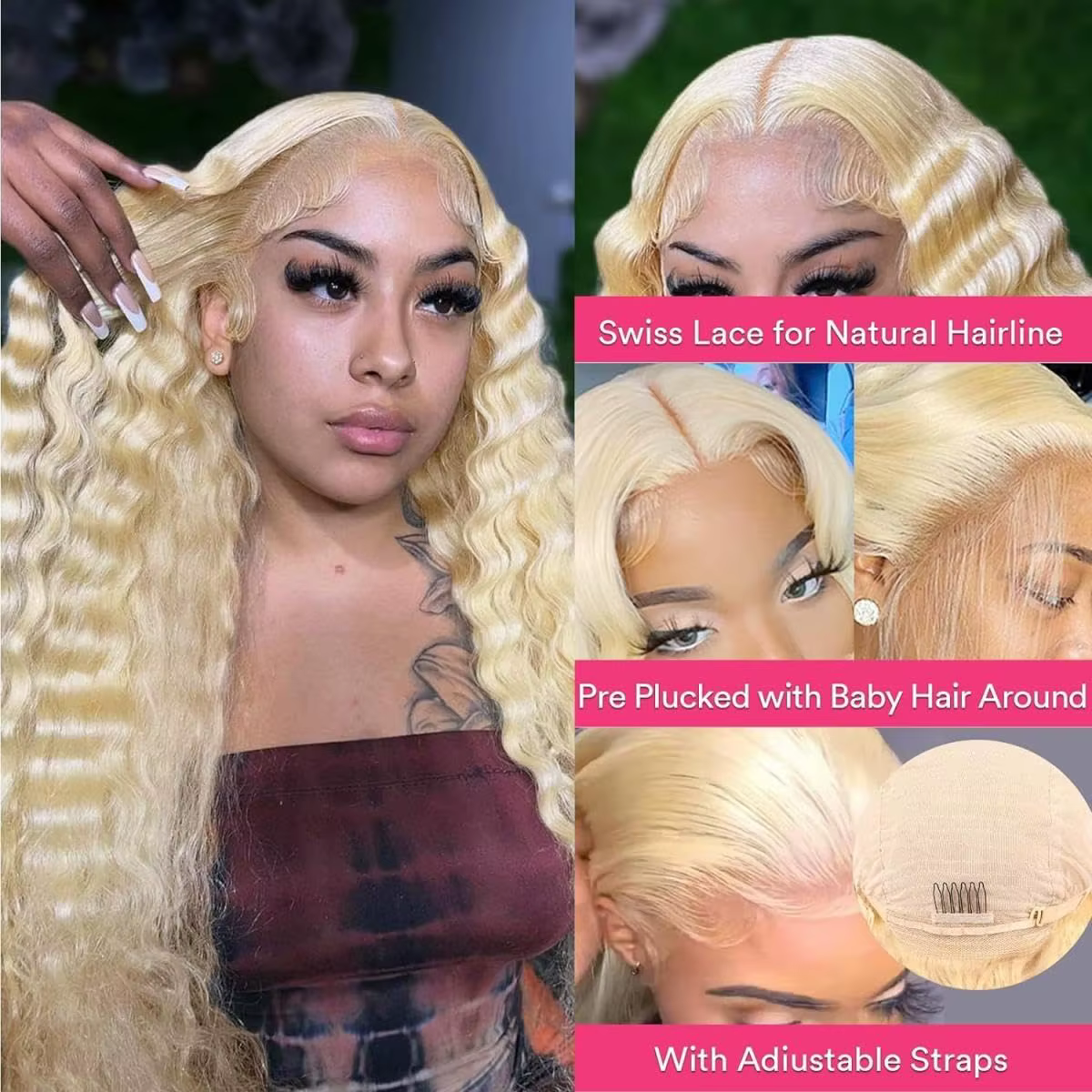Perruque Cheveux Humains Naturels Blond Platine 613 Ondulés Profonds 13x4 13x6 HD Transparente avec