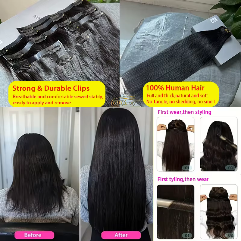 15A pince sans couture Ins cheveux humains raides 100% Extensions de cheveux humains non transformés