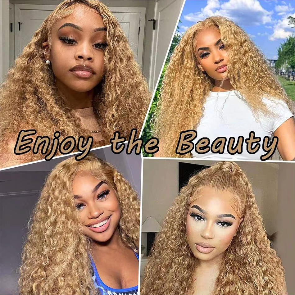 Perruque Lace Front Deep Wave 13x6 # Perruque Lace Front 27 Blond Miel Ondulée 30 Pouces Densité 200
