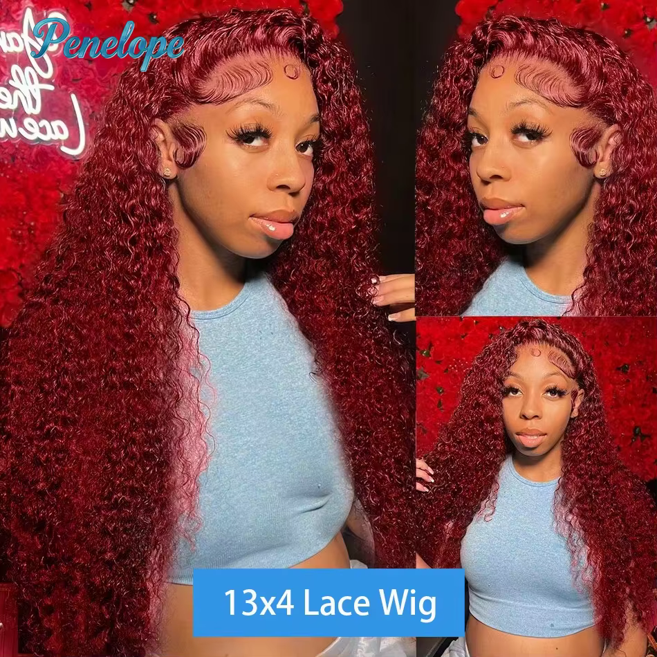 Perruques en cheveux humains 99J 13x4 HD Lace Front, densité 200%, bordeaux, 30-40 pouces, Deep Wave