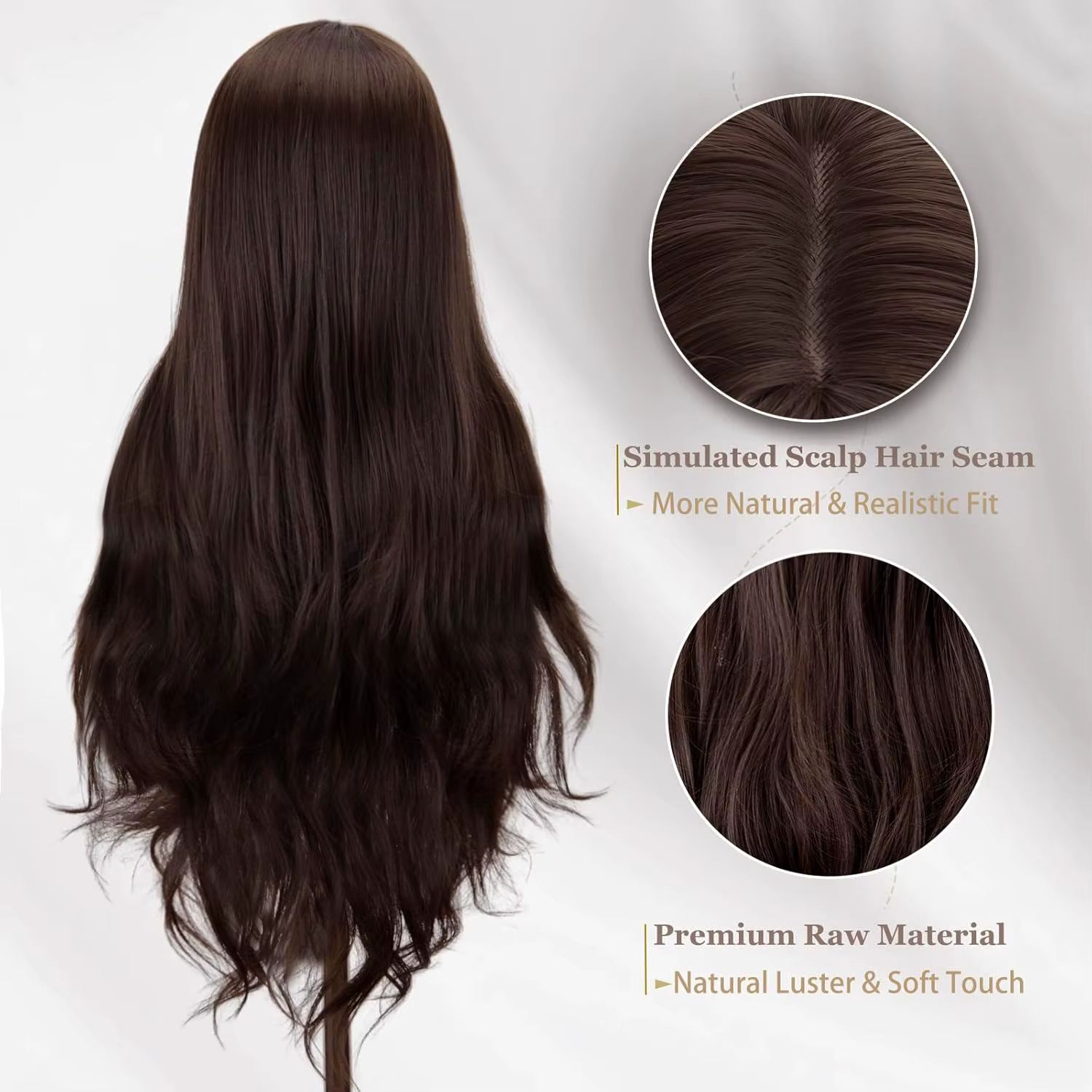 Perruque synthétique avec raie centrale sans frange, brun foncé, usage quotidien, cheveux naturels, 