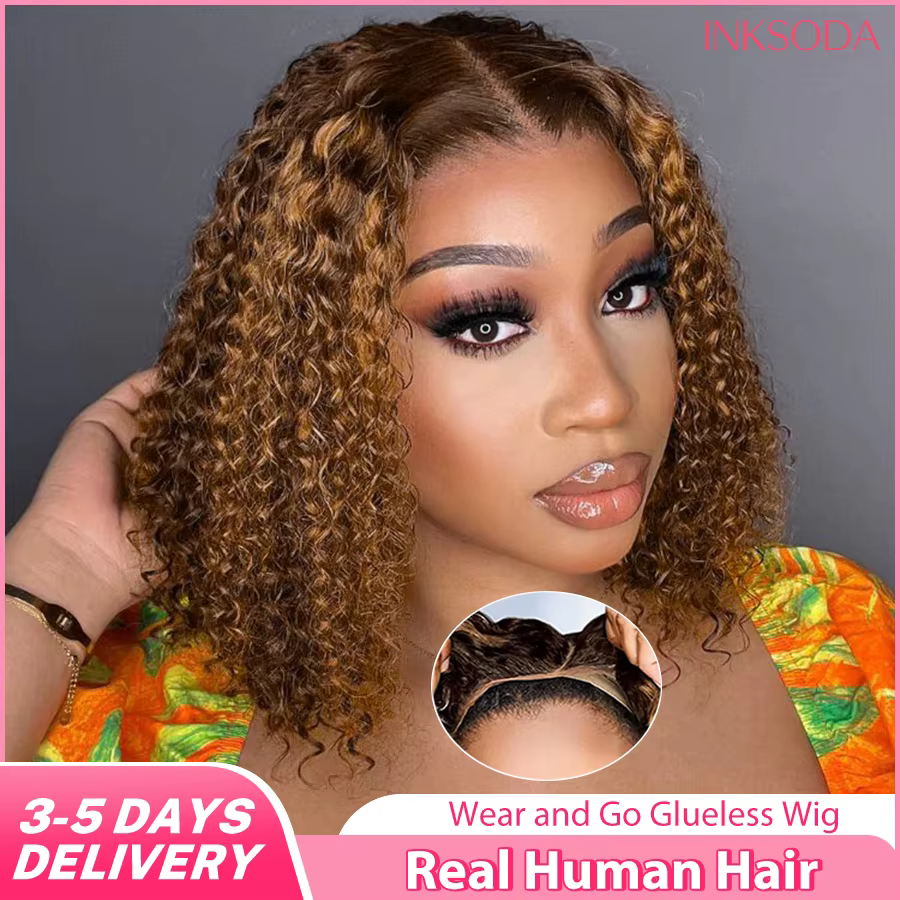 Perruque Bob Lace Front Wig naturelle sans colle, cheveux humains, blond miel, pre-plucked, pré-coup